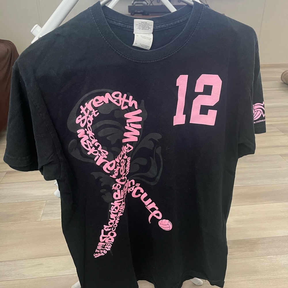 Gildan Pink breast cancer awareness. Dig Pink volleyball game Black Tee.